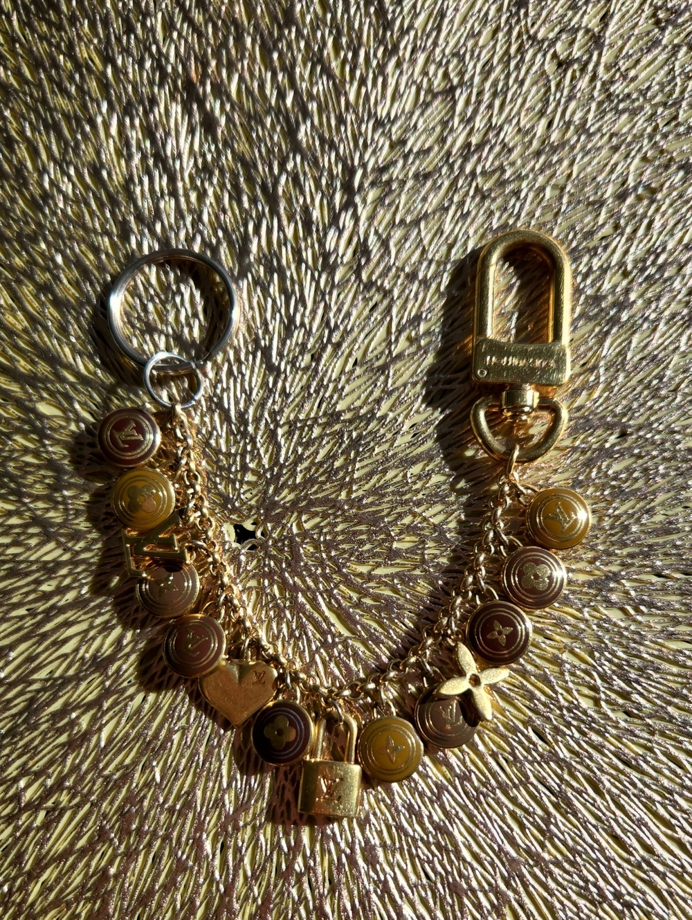 Gold Charm Keychain Bracelet with Padlock and Flower Accents